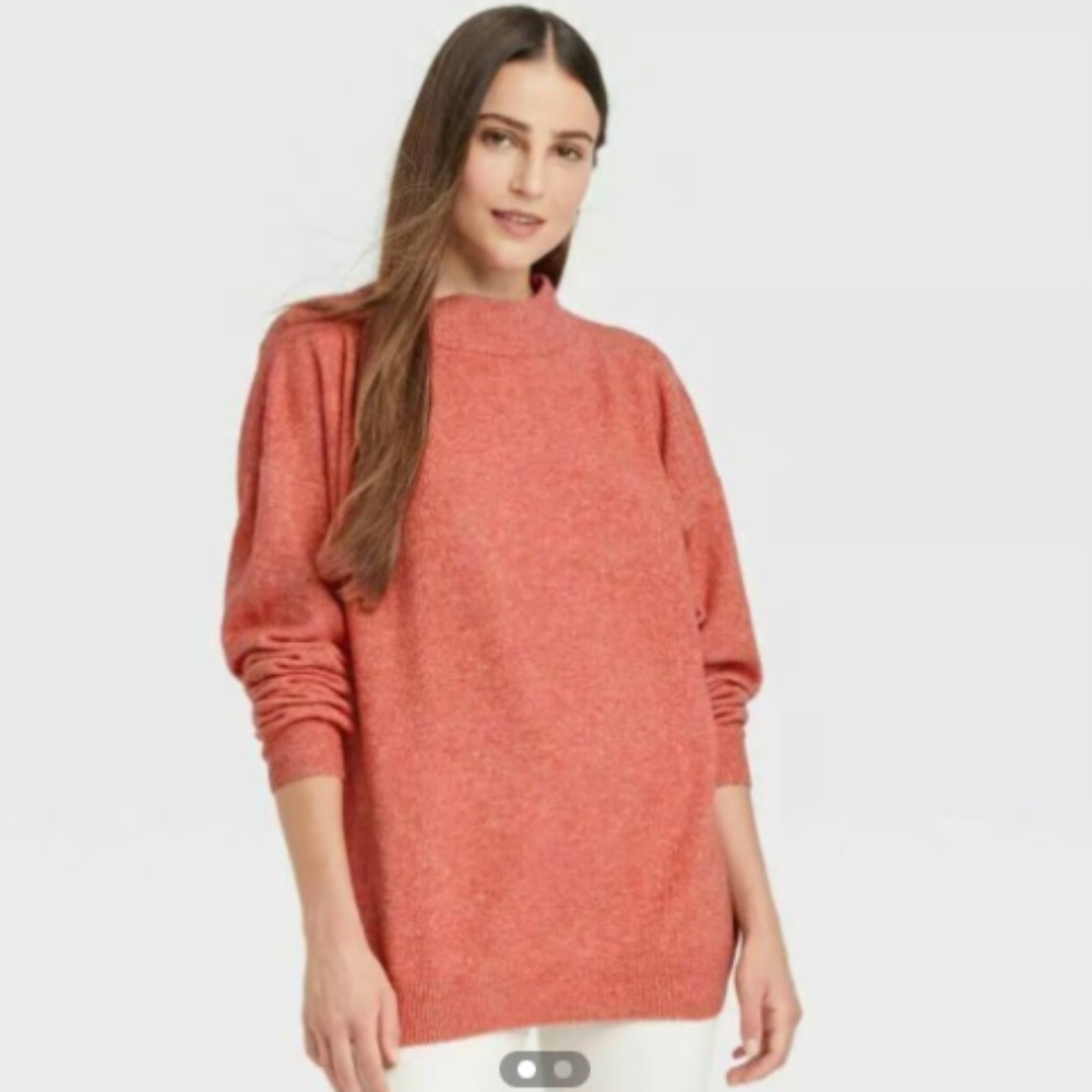 A New Day Women's Slouchy Mock Turtleneck Pull Over Sweater Coral Size Small